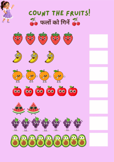 Count the fruits: free printable counting worksheet, printable worksheet preview