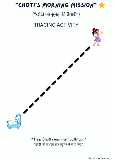 Help Choti reach her bathtub: routine tracing worksheet, printable worksheet preview