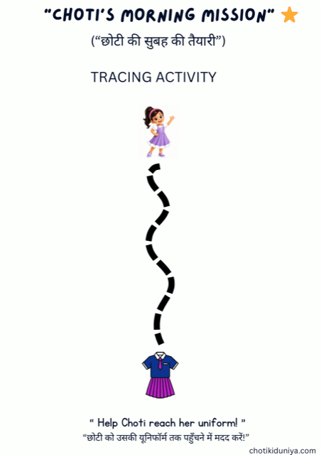 Help Choti reach her uniform: routine tracing worksheet, printable worksheet preview
