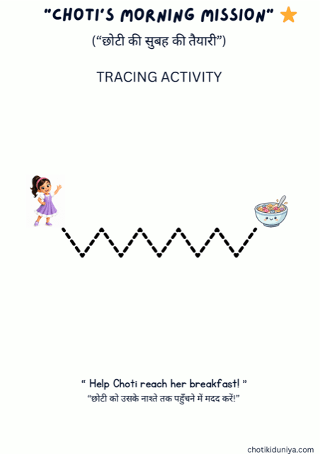 Help Choti reach her breakfast: routine tracing worksheet, printable worksheet preview