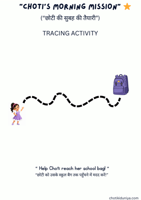 Help Choti reach her school bag: routine tracing worksheet, printable worksheet preview
